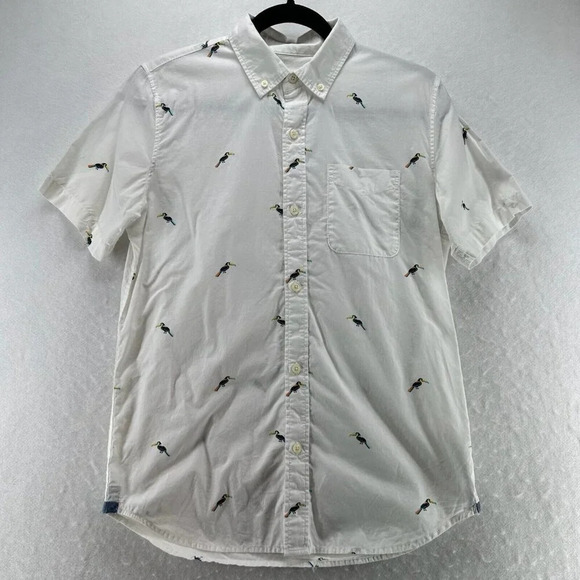GAP Kids Boys Size 2XL 14-16 Toucan Print Button Down Short Sleeve Cotton White - Picture 1 of 11